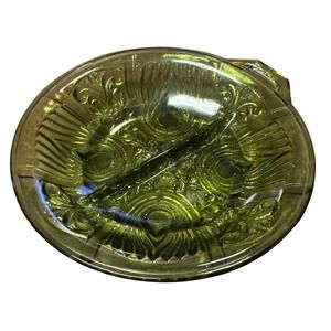 Vintage Green‎ Glass Divided Ashtray Serving Dish Candy Nut Relish Plate 8 inch
